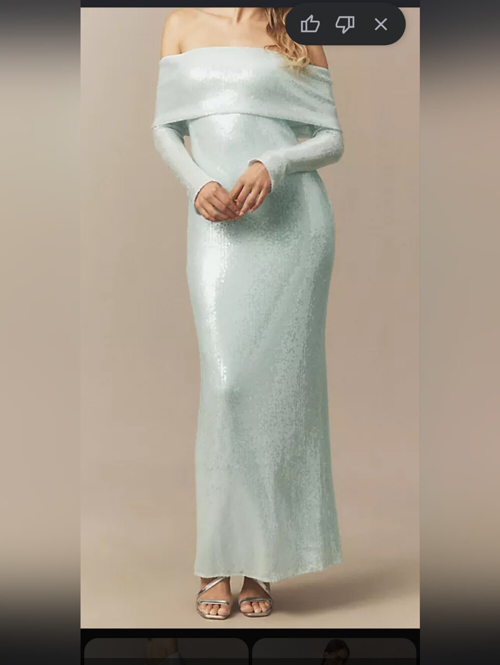 Off-Shoulder Sequin Mermaid Gown in Light Aqua